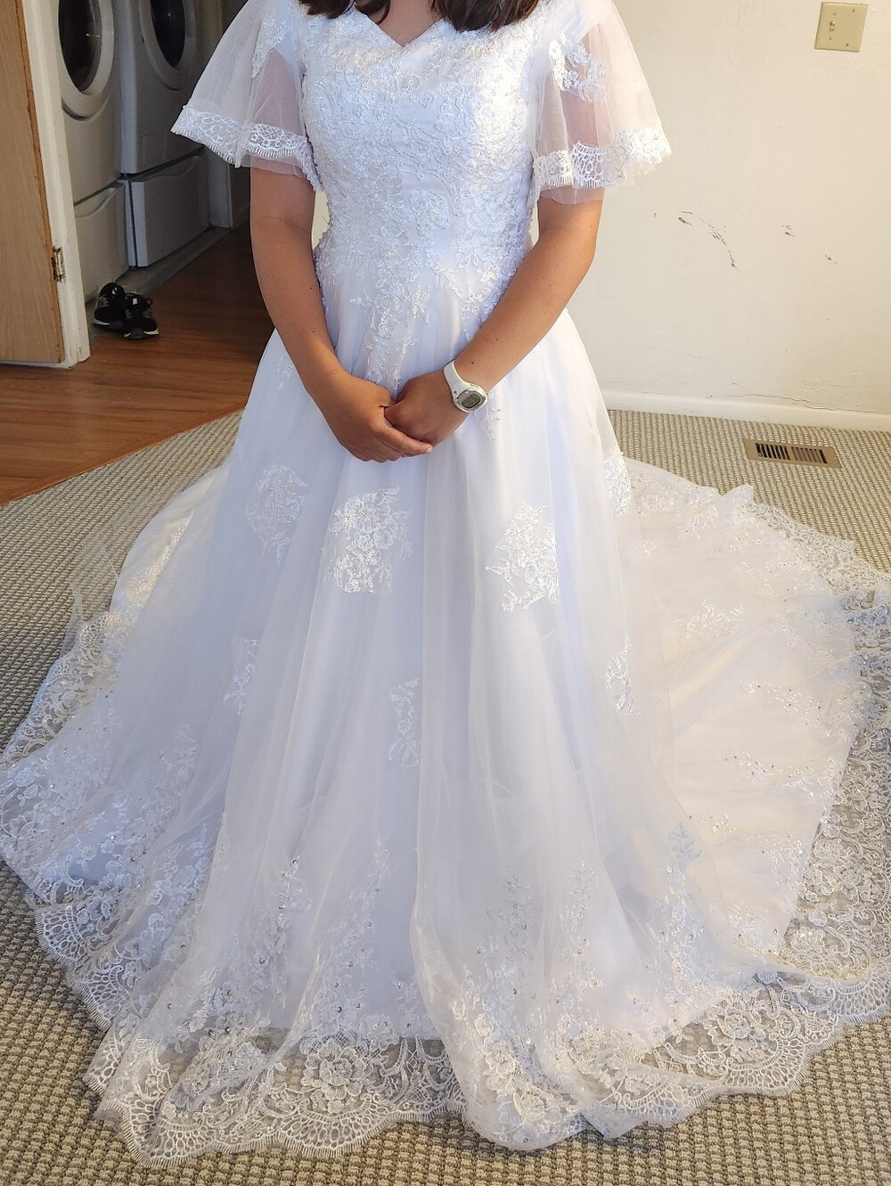 White Lace Bridal Gown with Sheer Flutter Sleeves